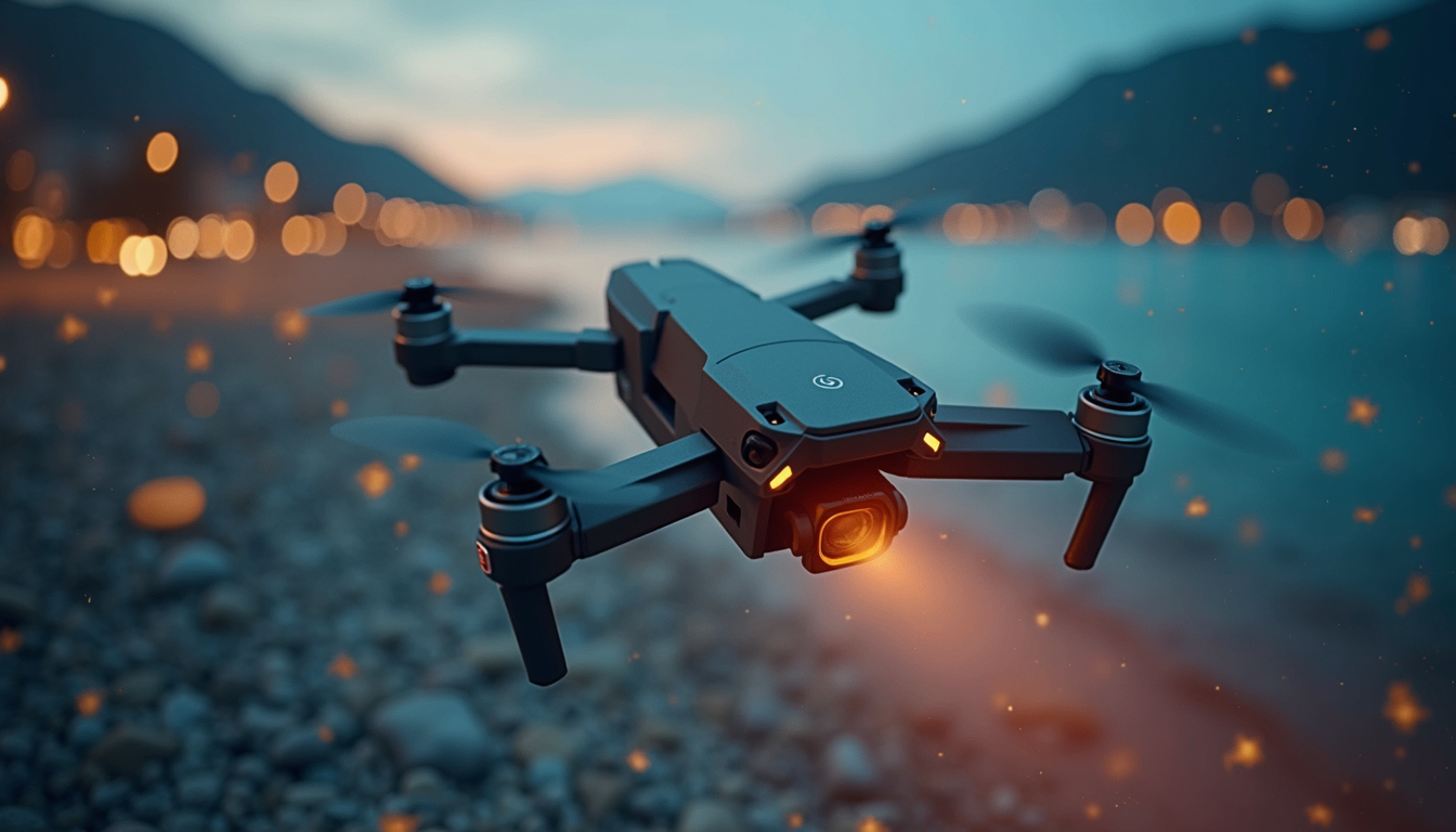 O dronă de filmat profesională zboară deasupra unui peisaj spectaculos, ilustrând capacitatea de a captura imagini aeriene