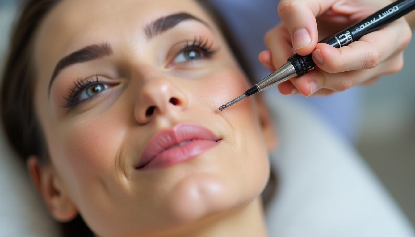 O mireasă zâmbitoare, cu machiaj permanent impecabil, pregătită pentru nunta ei.